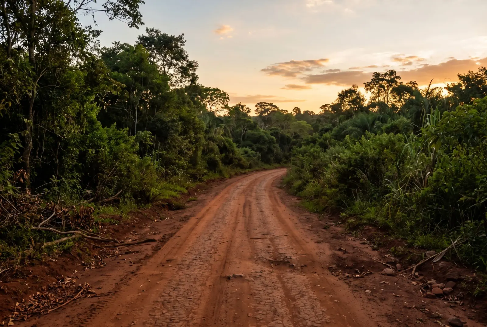 Un camino de tierra colorada entre el monte misionero, al atardecer.